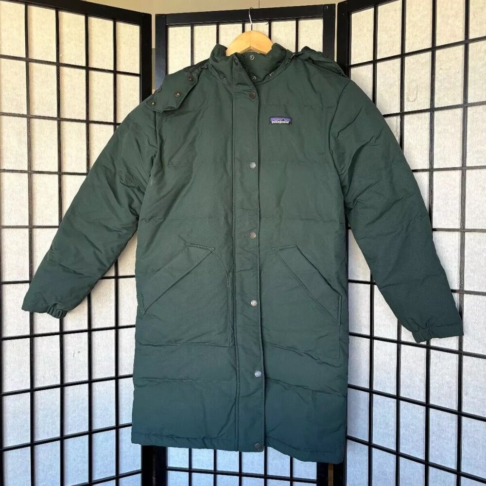 Patagonia Women's Downdrift Parka Small Full Length Hooded Down Jacket Green